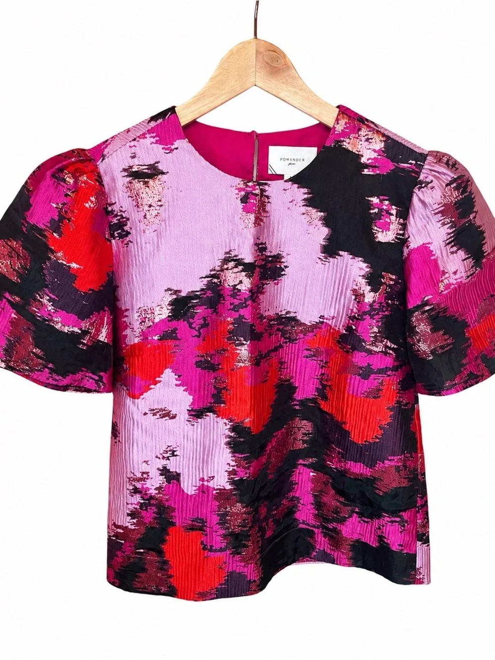 Tuckernuck Pomander Place Lyla Jacquard Puff Sleeve Blouse Pink Red Lurex S